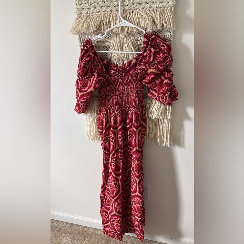 Farm Rio Ceramic Pineapple Linen Maxi Dress Off The Shoulder Puff Sleeve Ruched - Picture 5 of 7